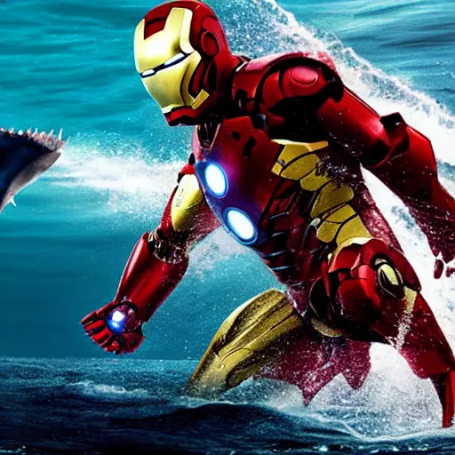 Prompt: film still of iron man eaten by a shark from jaws, photography, trailer