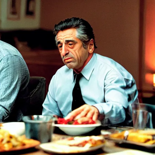 Image similar to movie still of the dinner scene in Heat, al pacino and robert de niro as old men, cinematic,