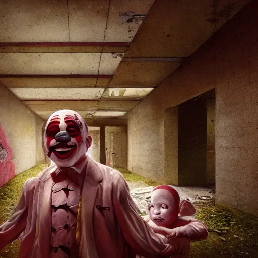 Prompt: a clown holding a baby inside an abandoned hospital, wayne barlowe, symmetrical, surreal, magic surrealism, very coherent symmetrical artwork, cinematic, hyper realism, high detail, octane render, 8 k