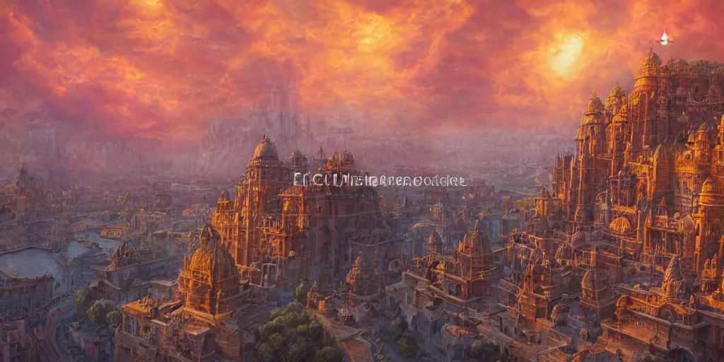 Image similar to fantasy oil painting, mega structure city of varanasi, fantasy, colossal, gate, looming, small buildings, warm lighting, street view, silhouetted figure standing overlooking, space port city, epic, distant mountains, bright clouds, luminous sky, cinematic lighting, michael cheval, david palladini, artstation, oil painting, vray, 8 k hd