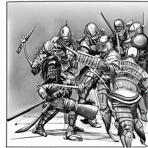 Image similar to highly detailed realistic sketch of The Hague members yelling at a cyborg samurai, fear and anger in their eyes, award winning , masterpiece on a scroll , post-processing