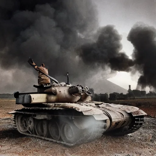Prompt: photograph of a white dove on a tank gun during war ruins and smoke in the background in the style of Steve mccurry