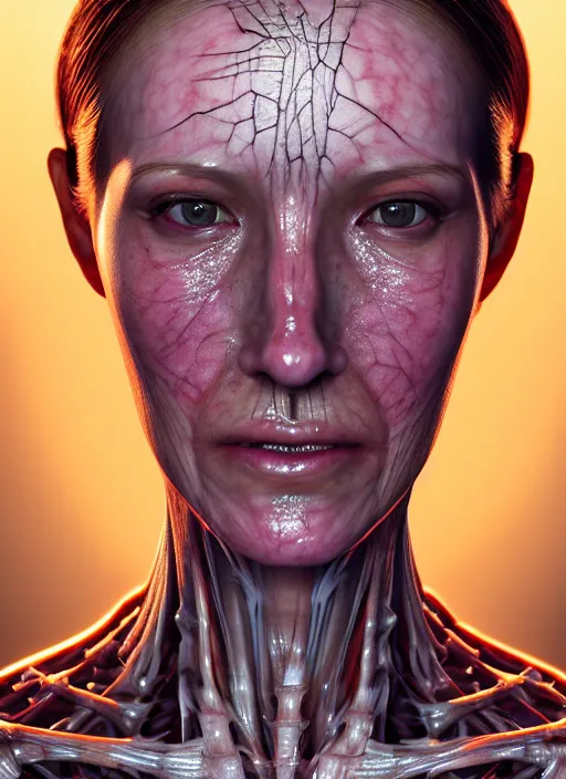 Prompt: 3 / 4 portrait, queen emma with transparent skin, visible muscle and bones and veins and nerves, hyperrealism, detailed textures, photorealistic 3 d cyberpunk hong kong city, futuristic clothing,, ultra realistic, cinematic, intricate, cinematic light, unreal engine 8 k, octane render, unreal engine by david kostic and stanley lau and artgerm