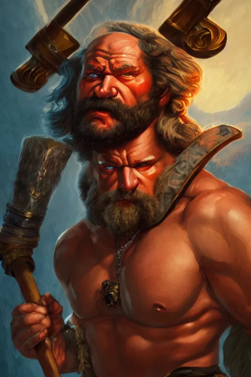 Image similar to character portrait of buff barbarian karl marx with a tattoo of an eye on his forehead, dungeons and dragons artwork, dynamic composition, dramatic lighting, trending on artstation, award winning art, stylized painting by sophie anderson, wayne barlowe, richard corben, concept art, 4 k, 8 k, gold and teal color scheme