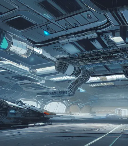 Image similar to highly detailed cyberpunk Spaceship hangar concept art, artstation