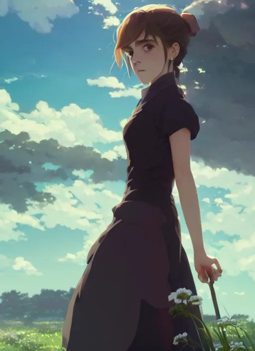 Image similar to portrait of emma watson, cloudy sky background lush landscape illustration concept art anime key visual trending pixiv fanbox by wlop and greg rutkowski and makoto shinkai and studio ghibli