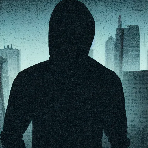 Prompt: digital art cyberpunk landscape silhouette of young man in a hoodie in the foreground