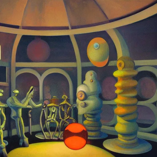 Image similar to three biomorphic robotic seers watchers oracles soothsayers with glowing eyes, inside a dome, pj crook, grant wood, edward hopper, syd mead, chiaroscuro, oil on canvas