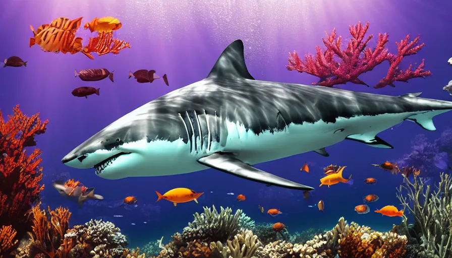Prompt: a beautiful, noble, great white shark : 1, underwater scenery, beautiful colorful corals, remora and other sea creatures of the ocean - life, god - rays, volumetric lighting, 8 k, digital art