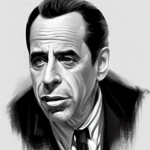 Prompt: humphrey bogart as film noir detective, portrait, highly detailed, digital painting, artstation, concept art, sharp focus, illustration, art , style of Walter Martin Baumhofer