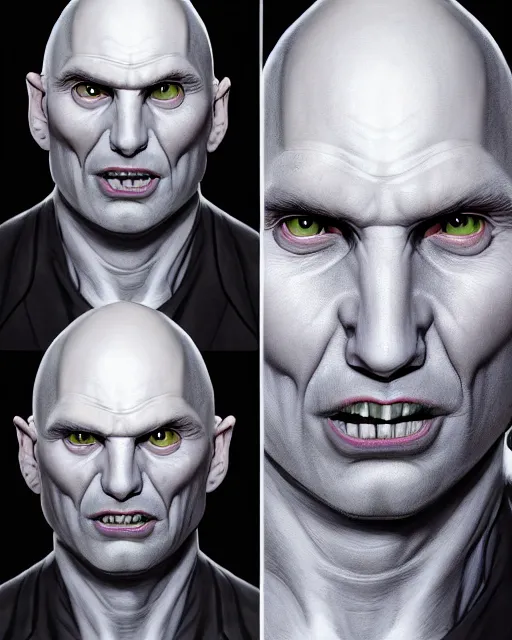 Image similar to portrait of lord voldemort, a 4 0 - year - old bald man, with a white complexion, wide, cat - like scarlet eyes, without nose, and a thin mouth, hyper realistic face, beautiful eyes, character art, art by mark brooks, hyperdetailed, cryengine, trending on artstation, digital art