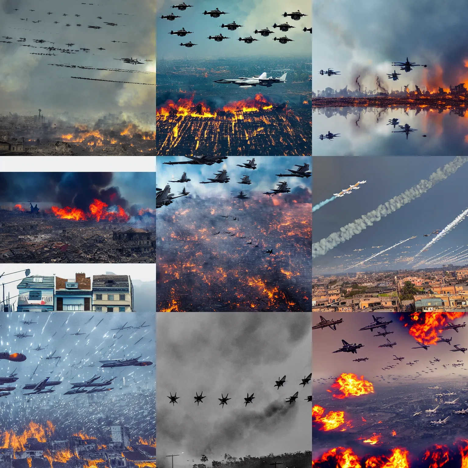 Prompt: frogs eye view, landscape photograph of an armada of fighter jets flying over a destroyed smoking burning city, color, reflections, motion blur, atmospheric, award winning photo, bloom