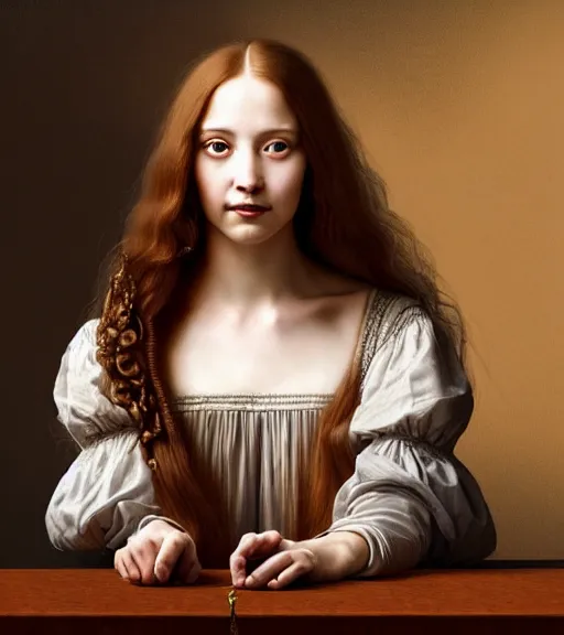 Image similar to portrait of a long - haired woman happily gloating sitting upon a table with heightened detail, poised, intense emotion, detailed facial expression, detailed surroundings, intricate, elegant, highly detailed, centered, digital painting, artstation, concept art, smooth, sharp focus, illustration, by ( leonardo da vinci ), wlop