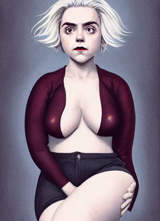 Image similar to full body portrait, kiernan shipka as sabrina spellman, white hair, obese, bangs, sultry, realistic, sultry smirk, fluffy bangs, freckles, fat, belly, intricate, elegant, highly detailed, digital painting, artstation, concept art, smooth, sharp focus, illustration, art by wlop, mars ravelo and greg rutkowski