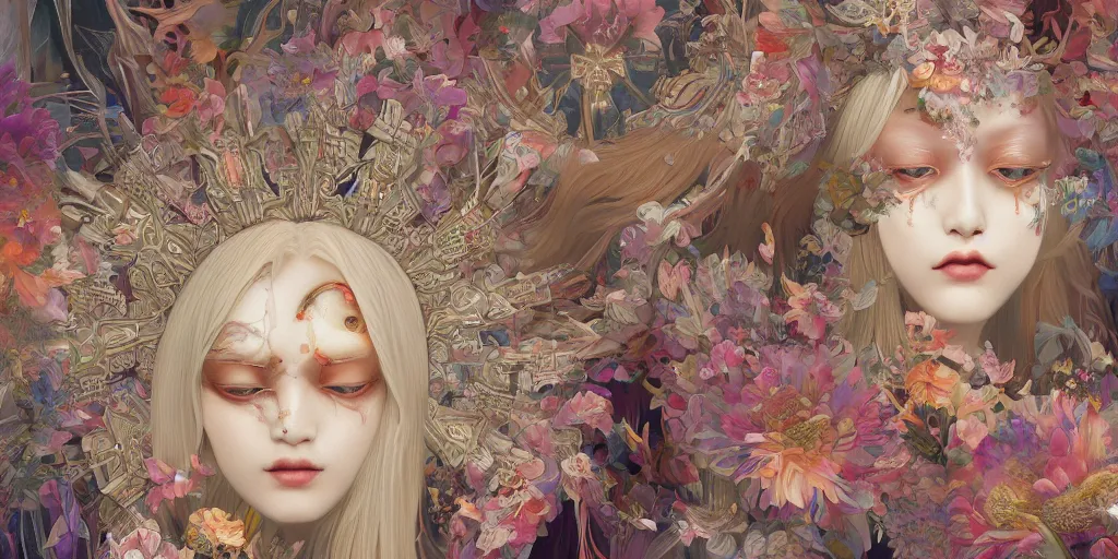 Image similar to breathtaking detailed concept art painting kaleidoscope art deco pattern of blonde faces goddesses amalmation flowers, by hsiao - ron cheng, bizarre compositions, exquisite detail, extremely moody lighting, 8 k