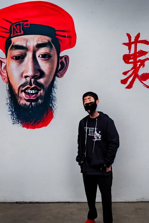 Image similar to asian guy with oni mask stand in front of wall with nipsey hussle mural, photorealistic, smooth, 4 k, aesthetic lighting, baroque object, sharp focus, hyperdetailed, professional photography, pullitzer winning, photo by : canon eos 5 d mark iv, by karah mew and adnan abidi and jodie bateman