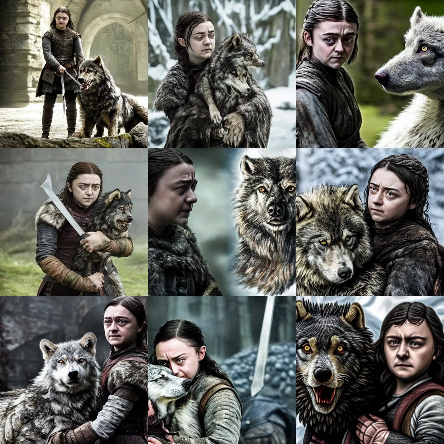 Prompt: arya stark with dire wolf Nymeria