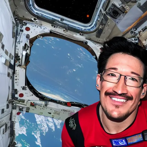 Prompt: Evil Markiplier looking out of the window of the International Space station with a smile on his face. Devilish markiplier pixashot instant camera space imagery with markiplier. Photograph from Nasa, complementary of the International Space Station.