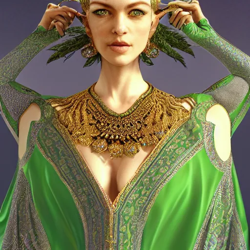 Prompt: a beautiful woman wearing a green and white kaftan made of silk with golden ornaments and diamonds jewelry by alex gray and android jones , Karol Bak, Ayami Kojima, Amano , concept art, character design, fantasy,3D, 8k resolution