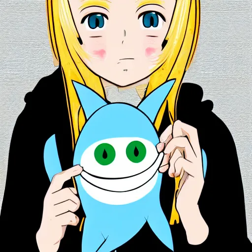 Image similar to a blonde-girl-in-a-black-hoodie holding a blue-shark-stuffie, anime style digital art