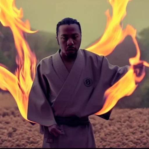 Image similar to cinematic film still of Kendrick Lamar starring as a Japanese Sensei with fire, Japanese CGI, VFX, 2003, 40mm lens, shallow depth of field, film photography