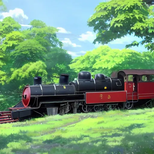 Image similar to concept art painting of a historic transverse view of a steam train, the train carries a cherry tree in flower, realistic, detailed, cel shaded, in the style of makoto shinkai and greg rutkowski and james gurney