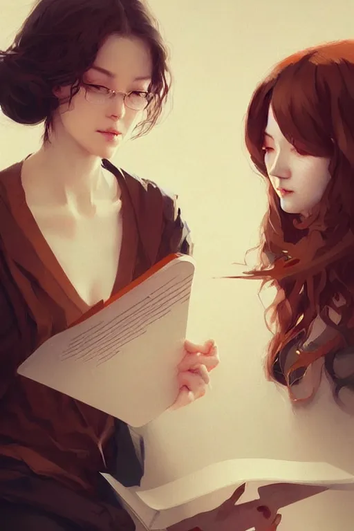 Image similar to portrait of two wise and very beautiful women discussing some texts, art by guweiz, intricate, elegant, highly detailed, smooth, sharp focus, artstation