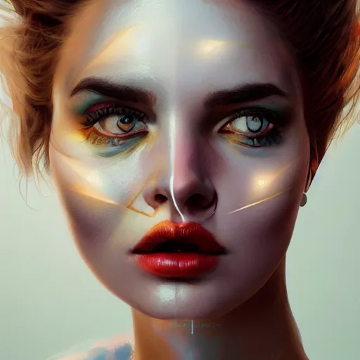 Prompt: face portrait of a woman, inspired by mandy jurgens, fractal face jewellery, light make up, 4 k, high detailed, illustration