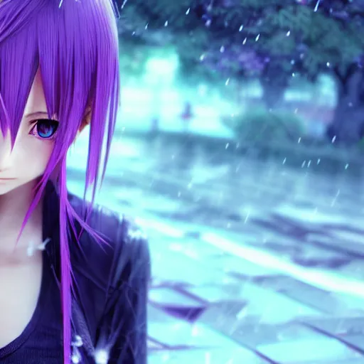 Image similar to beautiful anime girl in the style of final fantasy 7 with purple eyes, wearing jeans, perfect body, standing in the rain, high quality anime art, trending on artstation, 8K octane render, wallpaper