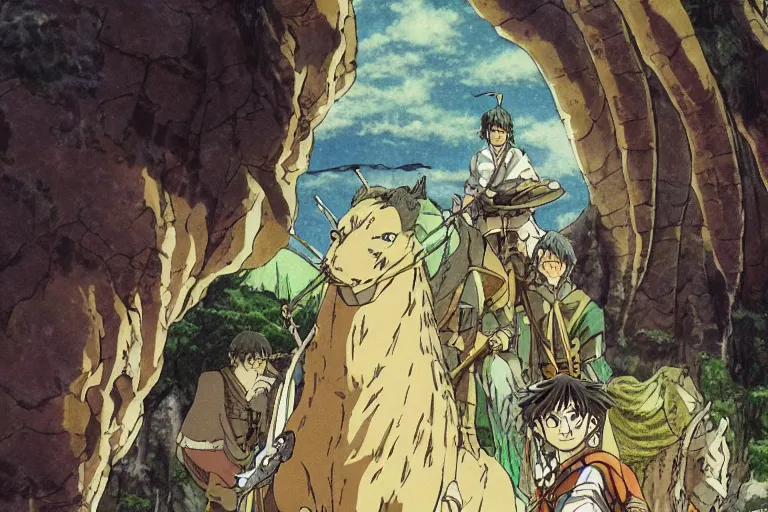 Image similar to ganfald in the anime lord of the rings by studio ghibli, movie still frame, very detailed, artwork by hayao miyazaki, kentaro miura, satoshi kon, high quality, sharp image, high resolution, hd, 7 2 0 p, 4 k