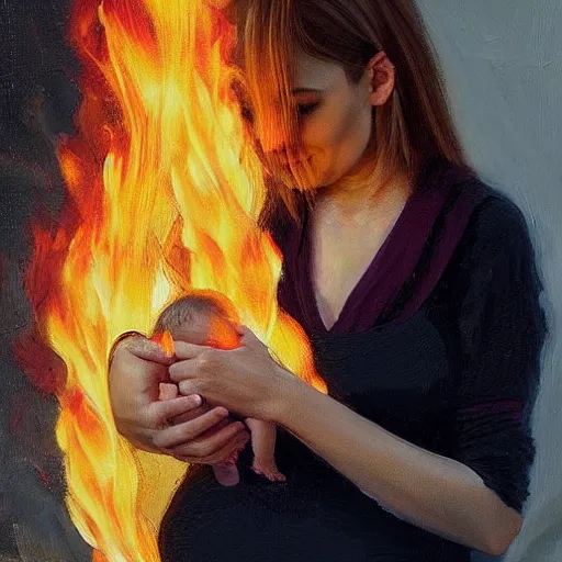 Prompt: beautiful woman cradling her child made of fire by stefan kostic, elegant, realistic, loving