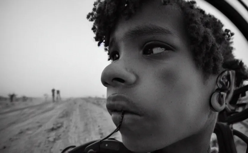 Image similar to cinestill 5 0 d candid photographic portrait by helen levitt of a mixed teen wearing rugged black mesh techwear driving a buggy through a desolate plain, extreme closeup, modern cyberpunk moody emotional cinematic, dust storm, 8 k, hd, high resolution, 3 5 mm, f / 3 2, ultra realistic faces, ex machina