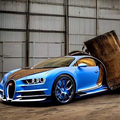 Image similar to an abandoned, derelict, rusty bugatti chiron in a dirty warehouse