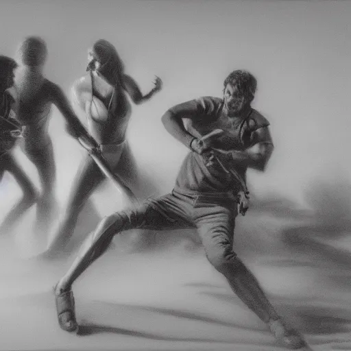 Prompt: portrait of women and men fighting in the dust, hard lighting, rule of thirds, spotlight, full body scene, by dirk dzimirsky, by arthur curry, by dylan eakin, hyperrealistic charcoal