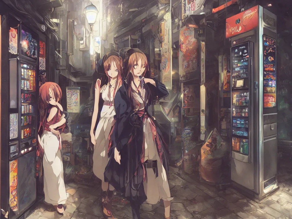 Image similar to Two beautiful anime girls, standing in front of a vending machine outside of a Japanese convenience store, in narrow Tokyo alleyway, beautiful light and shadows, D&D, fantasy, highly detailed, digital painting, artstation, concept art, sharp focus, illustration, in style of GUWEIZ and WLOP and NIXEU