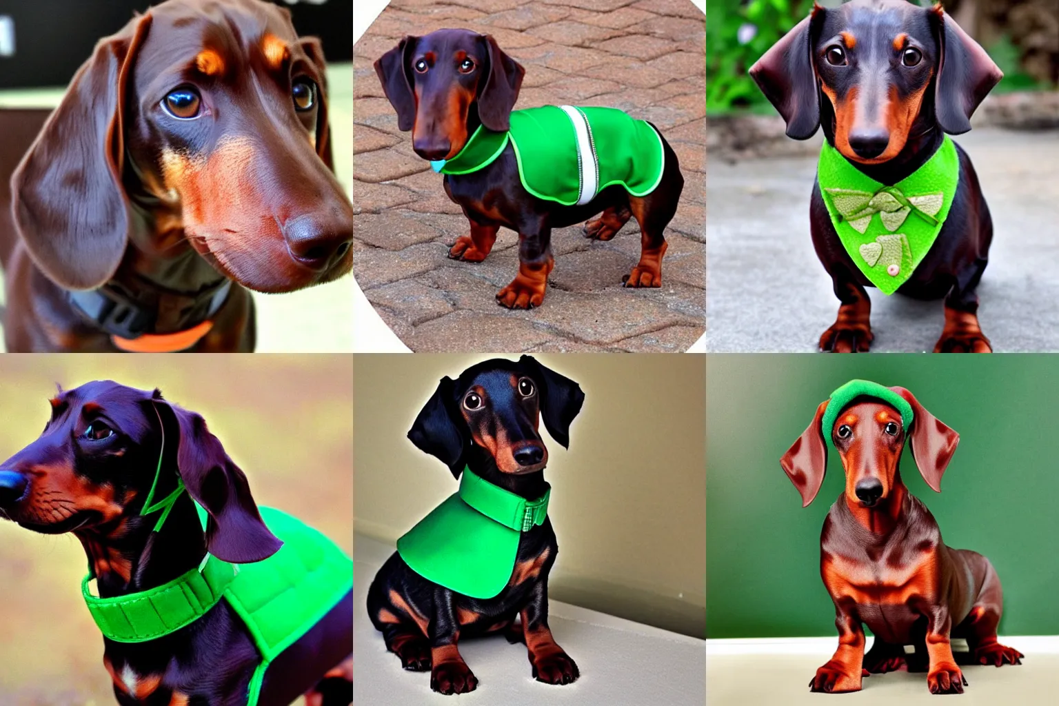 Prompt: Chocolate dachshund with green collar