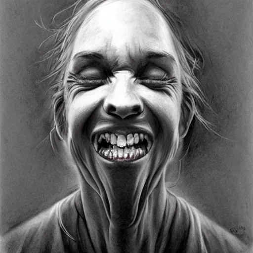 Prompt: a black and white drawing of a person with their mouth open, a charcoal drawing by Stephen Gammell, cgsociety, sots art, charcoal drawing, matte drawing, concept art