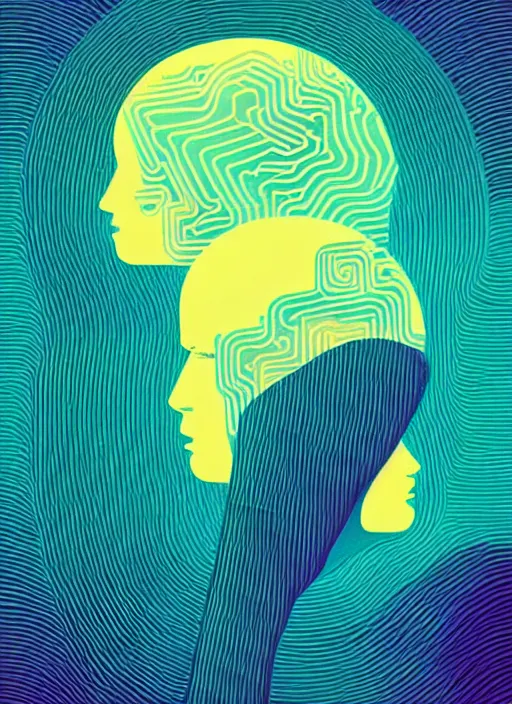 Prompt: minimalist logo icon for a wandering mind, one person, brain filter pixelated, analogue soundscape, retro psychology, victo ngai, kilian eng, lois van baarle