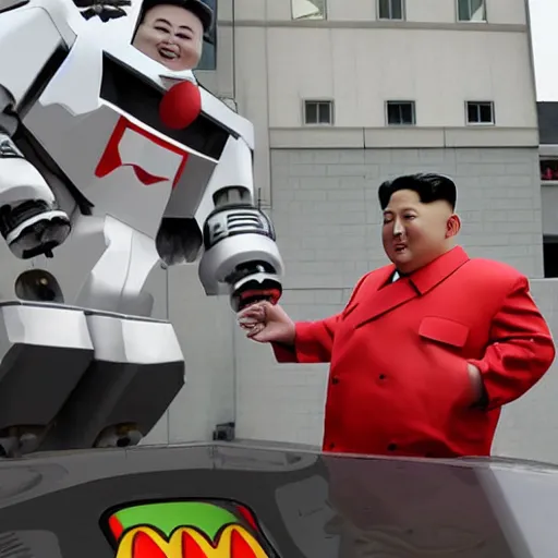 Prompt: mecha Kim Jong Un attacking Mcdonalds