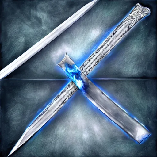 Image similar to a sword with its blade made of water and a silver handle with a blue gem on it, illustration, digital art, extremely detailed, realistic, trending on artstation