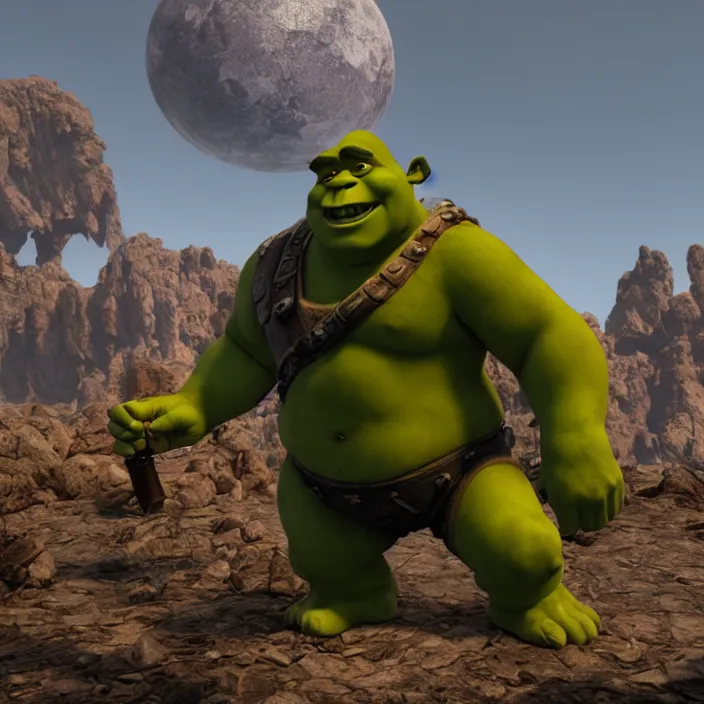 Image similar to Shrek as a Doom Slayer, unreal engine 5, octane render, HDR, focus, brutal, high detail, Doom Eternal