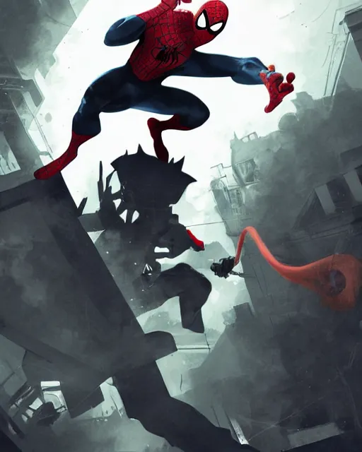 Image similar to spiderman noir fighting pikachu in a violent clash, volumetric lighting, dynamic composition, art by sachin teng and sergey kolesov and ruan jia and heng z, scifi, fantasy, hyper detailed, ultra realistic