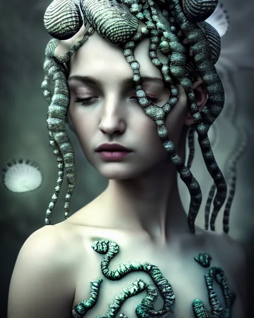 Image similar to surreal mythical dreamy underwater artistic bw fine art photo of a beautiful young female angelic - medusa - cyborg covered with fish scales and algae, highly detailed, intricate crystal ivy jelly fish scales ornate, poetic, octane render, 8 k, photo - realistic