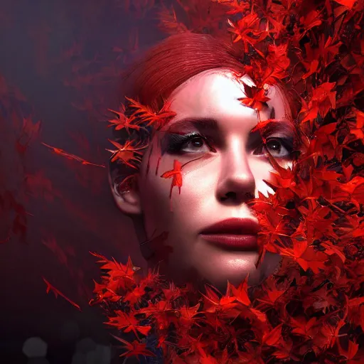 Prompt: A extremely realistic digital image of a shattered futuristic woman entangled in fiery red leaves floating but confined in a four-dimensional glass box by Andrea Chiampo, artstation and Frederik Heyman, extremely detailed woman, stunning volumetric lighting, hyper realism, fantasy 4k