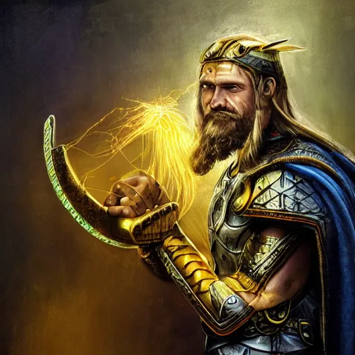 Image similar to mythological viking thor Shaman of artificial intelligence creating an artificial neural network with yellow synapses on an anvil, high resolution, award winning art, trending on art station, sharp image, incredibly detailed, detailed character realistic painting