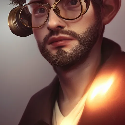 Prompt: a highly detailed Portrait of a young man with dark gray hair, red steampunk round glasses, in a beige cloak, artstation, DeviantArt, professional, octane render