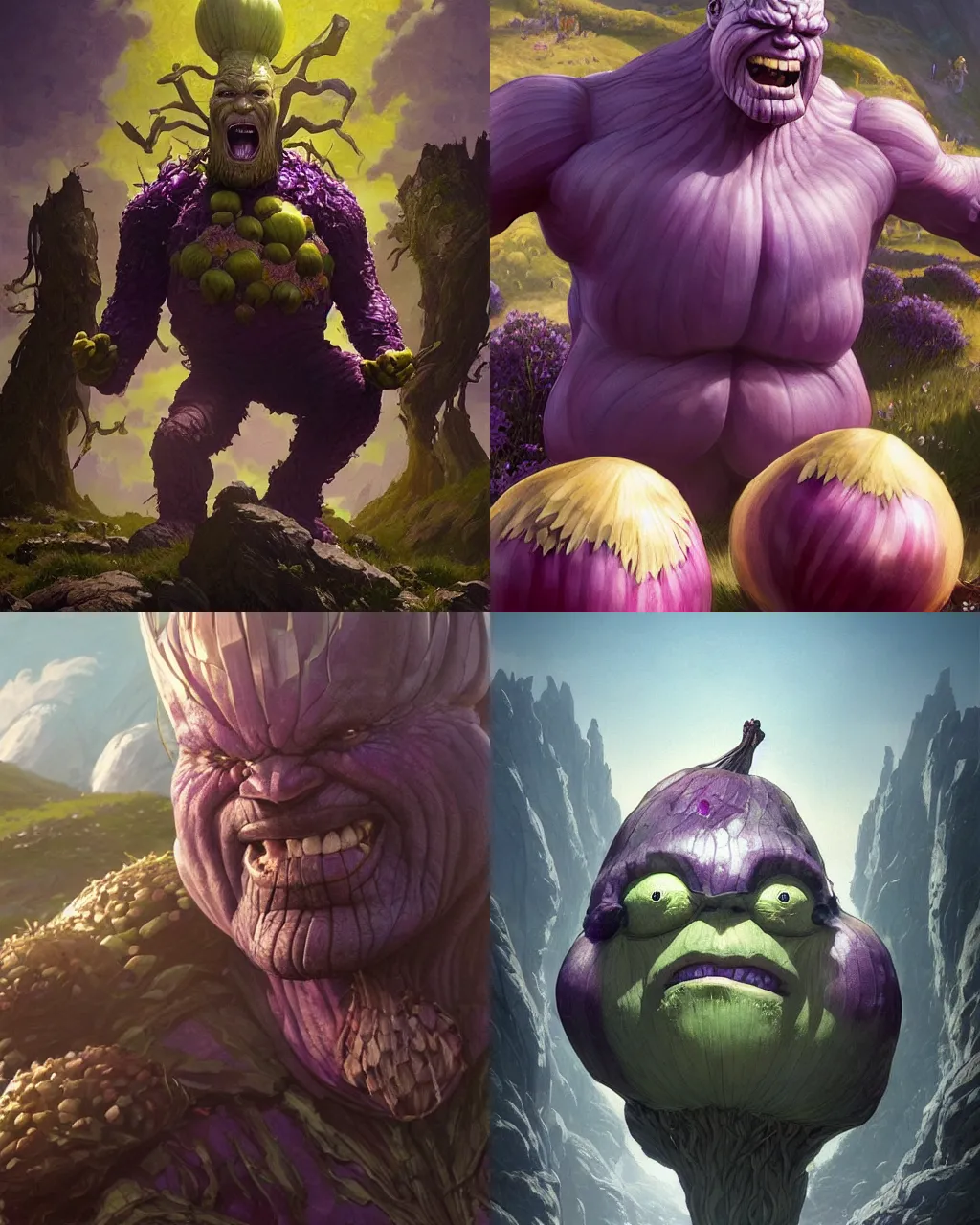 Prompt: onion thanos covets the largest onion standing on a mountain and smiling, character portrait, ultra realistic, concept art, intricate details, highly detailed by greg rutkowski, ilya kuvshinov, gaston bussiere, craig mullins, simon bisley, proud onion hybrid thanos, surrounding onions and garlic, raging onion thanos