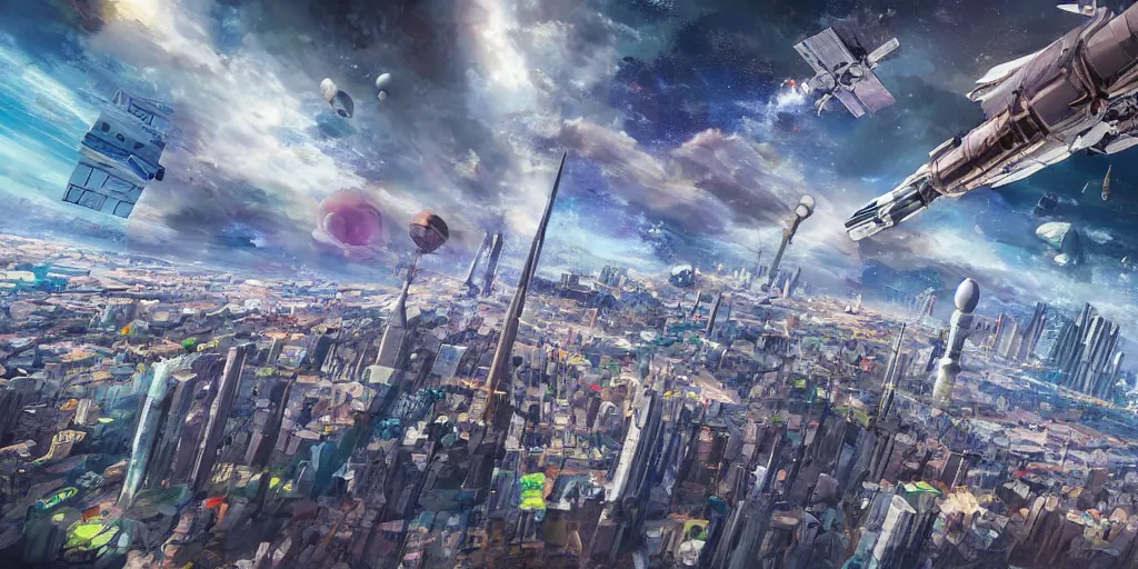 Image similar to multi - dimensional urban space, exotic concepts, digital painting, spacecraft, rocket, 3 d city, city sky