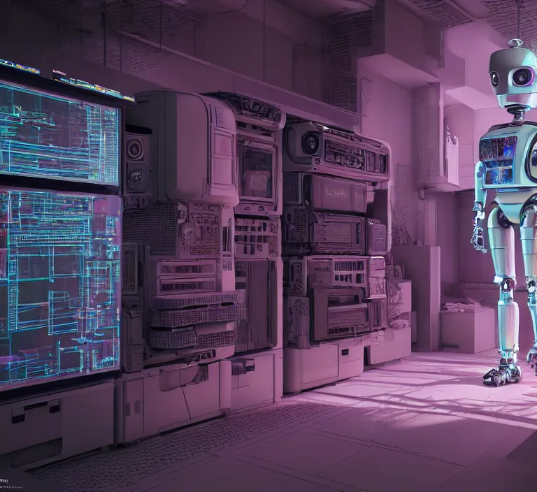 Image similar to hyperrealism colour detailed photography of highly detailed stylish robot in sci - fi style by gragory crewdson and katsuhiro otomo, mike winkelmann with many details by josan gonzalez working at the highly detailed data center by mike winkelmann and laurie greasley hyperrealism stock photo on dsmc 3 system rendered in blender and octane render