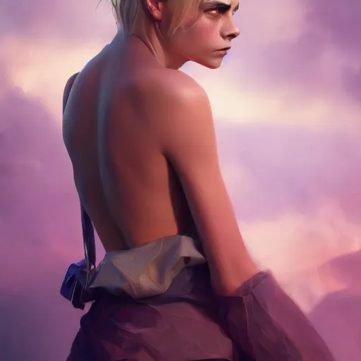 Image similar to cara delevingne, full body portrait colorful oil painting by greg rutkowski, charlie bowater, yuumei, yanjun cheng, unreal 5, daz, hyperrealistic, octane render, rpg portrait, dynamic lighting, fantasy art, beautiful face